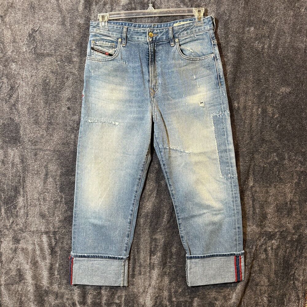 Diesel Women's Straight Leg Light Blue Jeans with Red Cuff Detail
